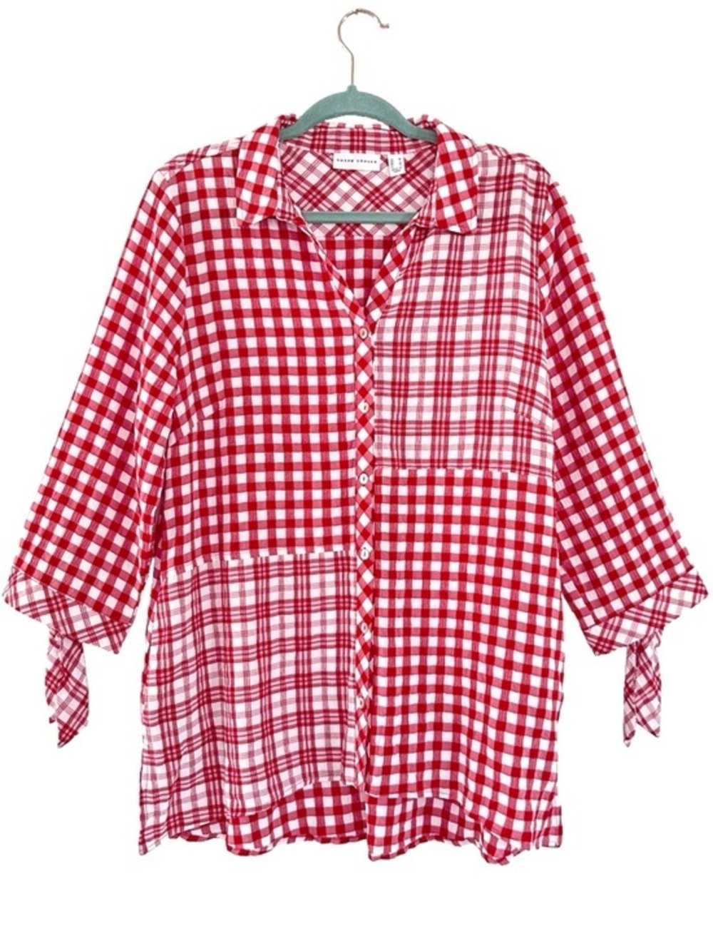 Red Gingham Plaid Patchwork Button Up Tunic Top Picnic Cottage Country Medium